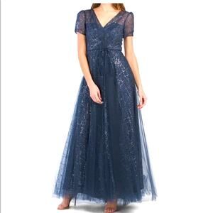 Carmen Marc Valvo Navy Blue Sequin Tulle Prom Formal Evening Dress 6 NWT